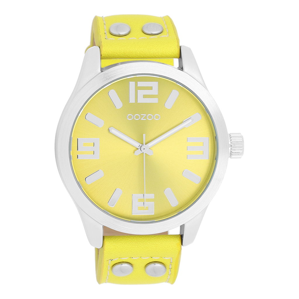 Silver coloured OOZOO watch with fluo yellow leather strap - C1071