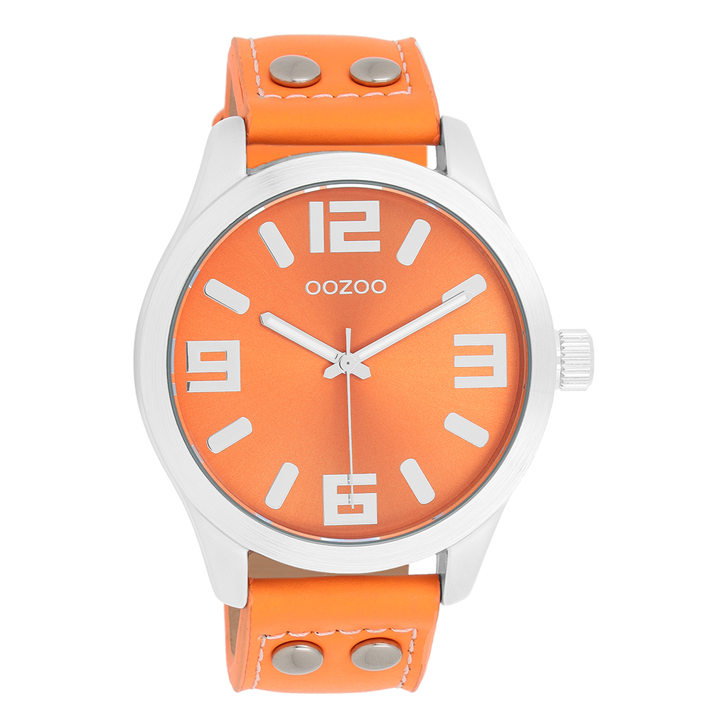 Silver coloured OOZOO watch with fluo orange leather strap - C1072