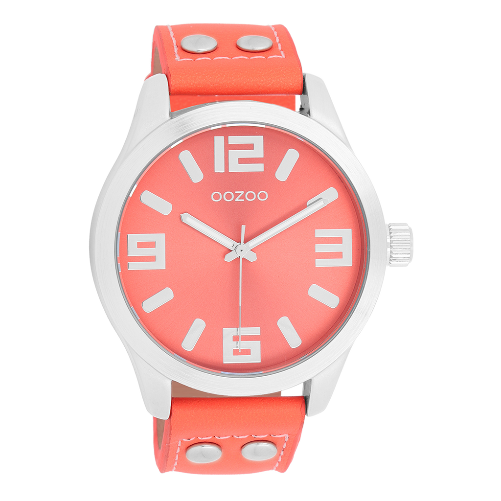 Silver coloured OOZOO watch with coral coloured leather strap - C1073