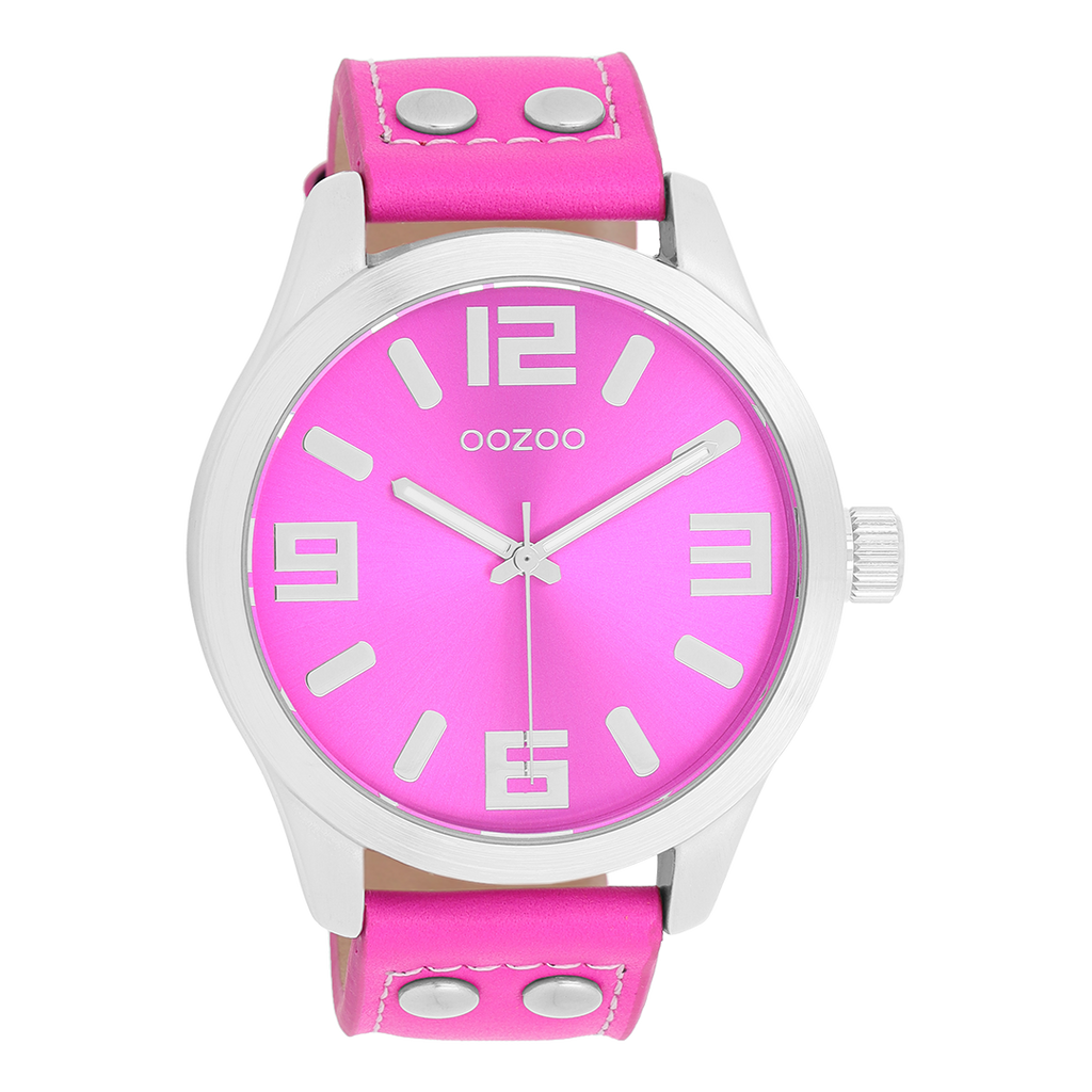 Silver coloured OOZOO watch with fluo pink leather strap - C1074