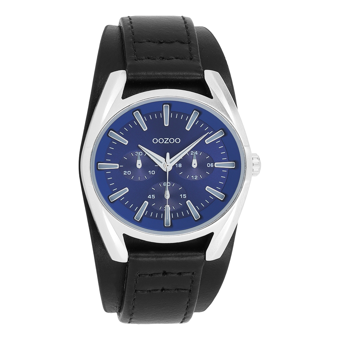 Silver coloured OOZOO watch with black leather strap - C11703