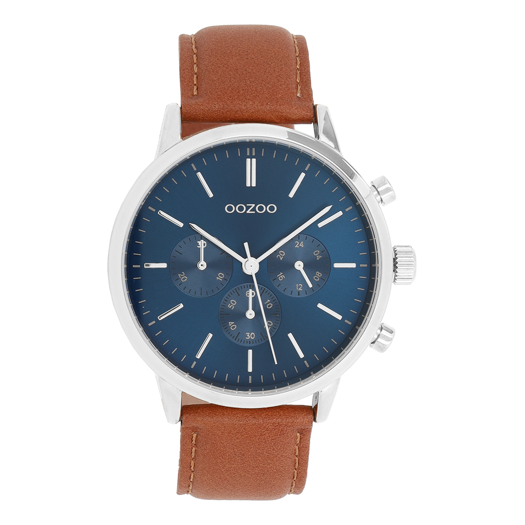 Silver coloured OOZOO watch with brown leather strap - C11706