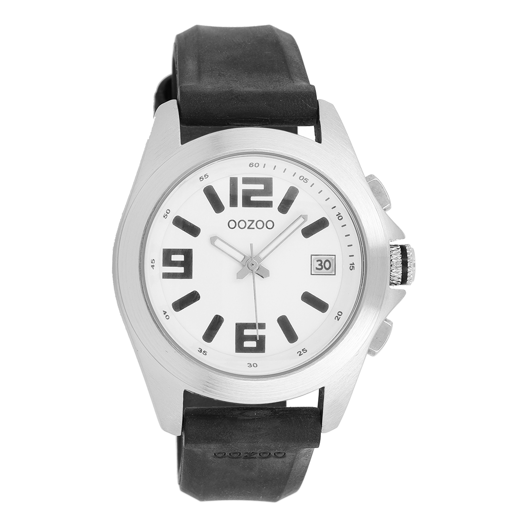 Silver coloured OOZOO watch with black leather strap - C3167