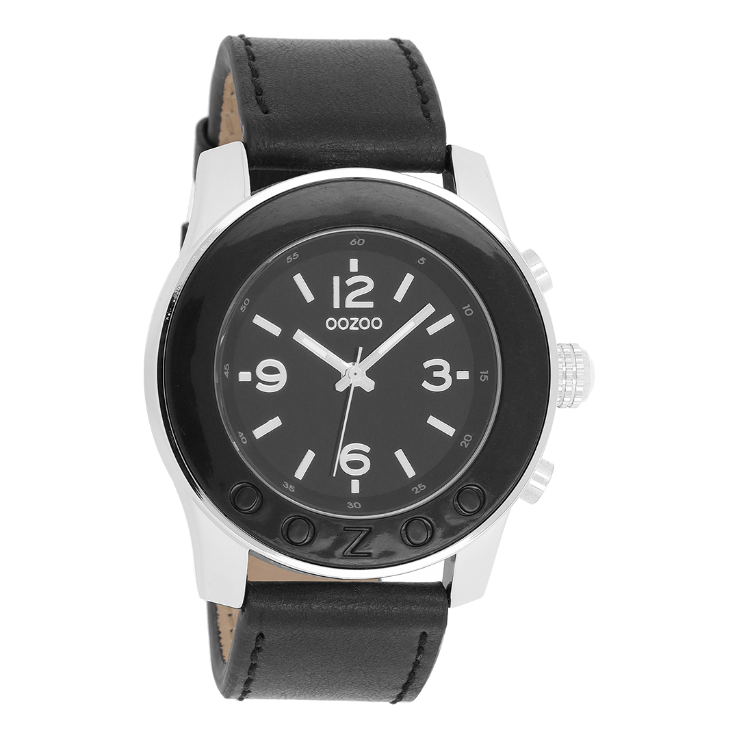 Silver coloured OOZOO watch with black leather strap - C4569