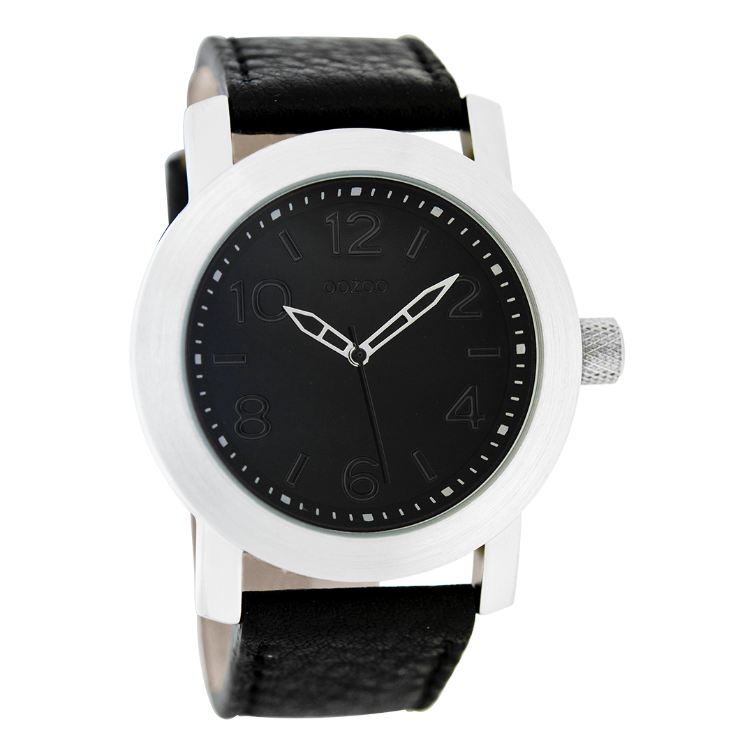 Silver coloured OOZOO watch with black leather strap - C5154