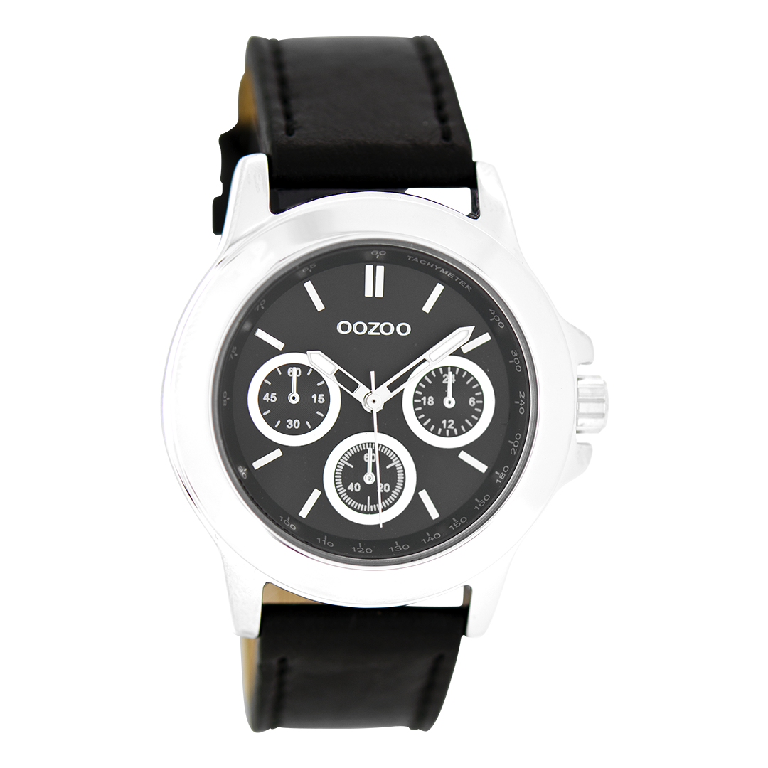 Silver coloured OOZOO watch with black leather strap - C6189