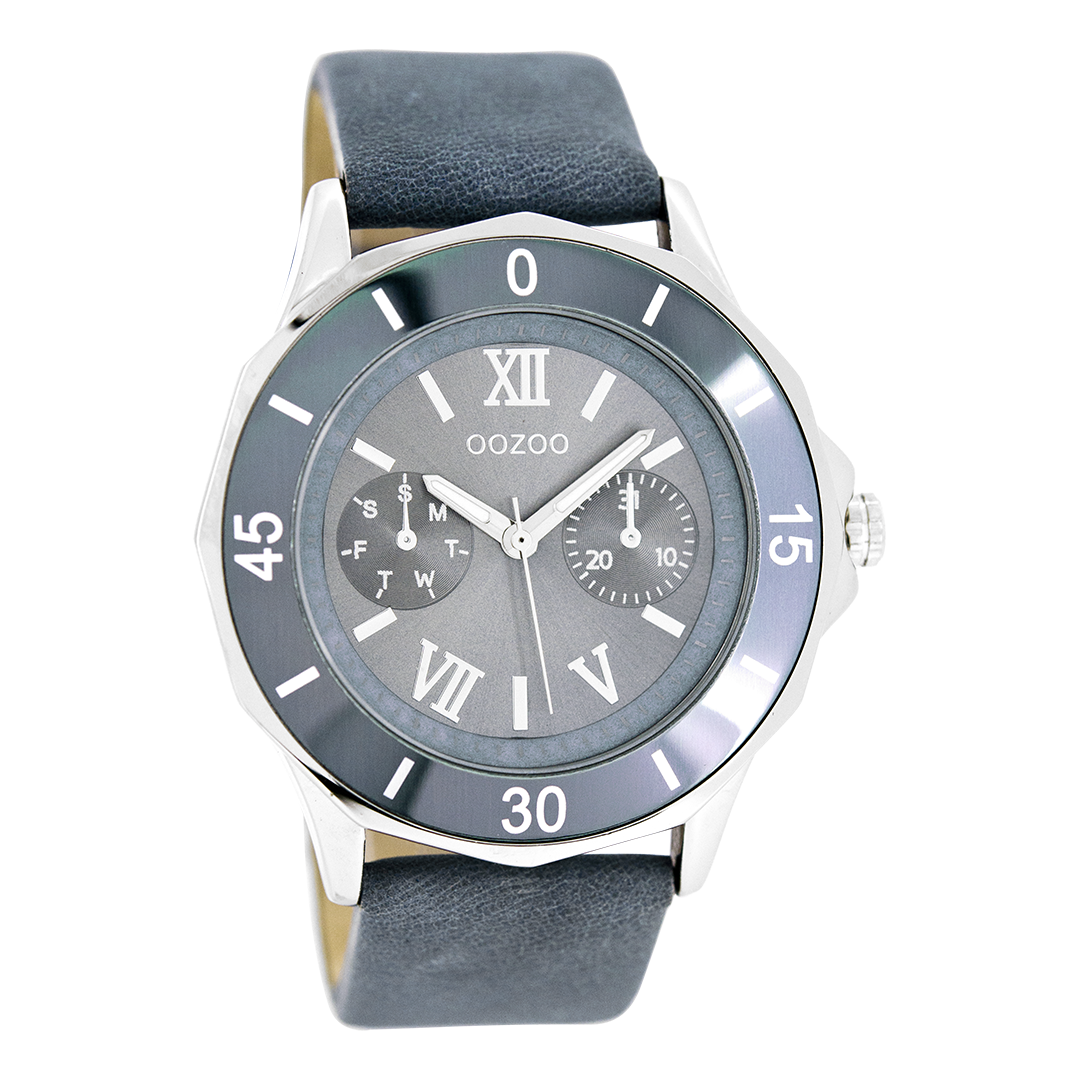 Silver coloured OOZOO watch with blue leather strap - C6257