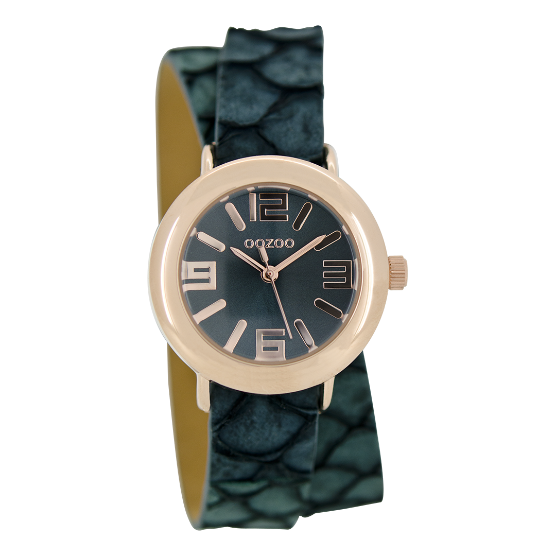 Rose gold coloured OOZOO watch with aqua green leather strap - C6543