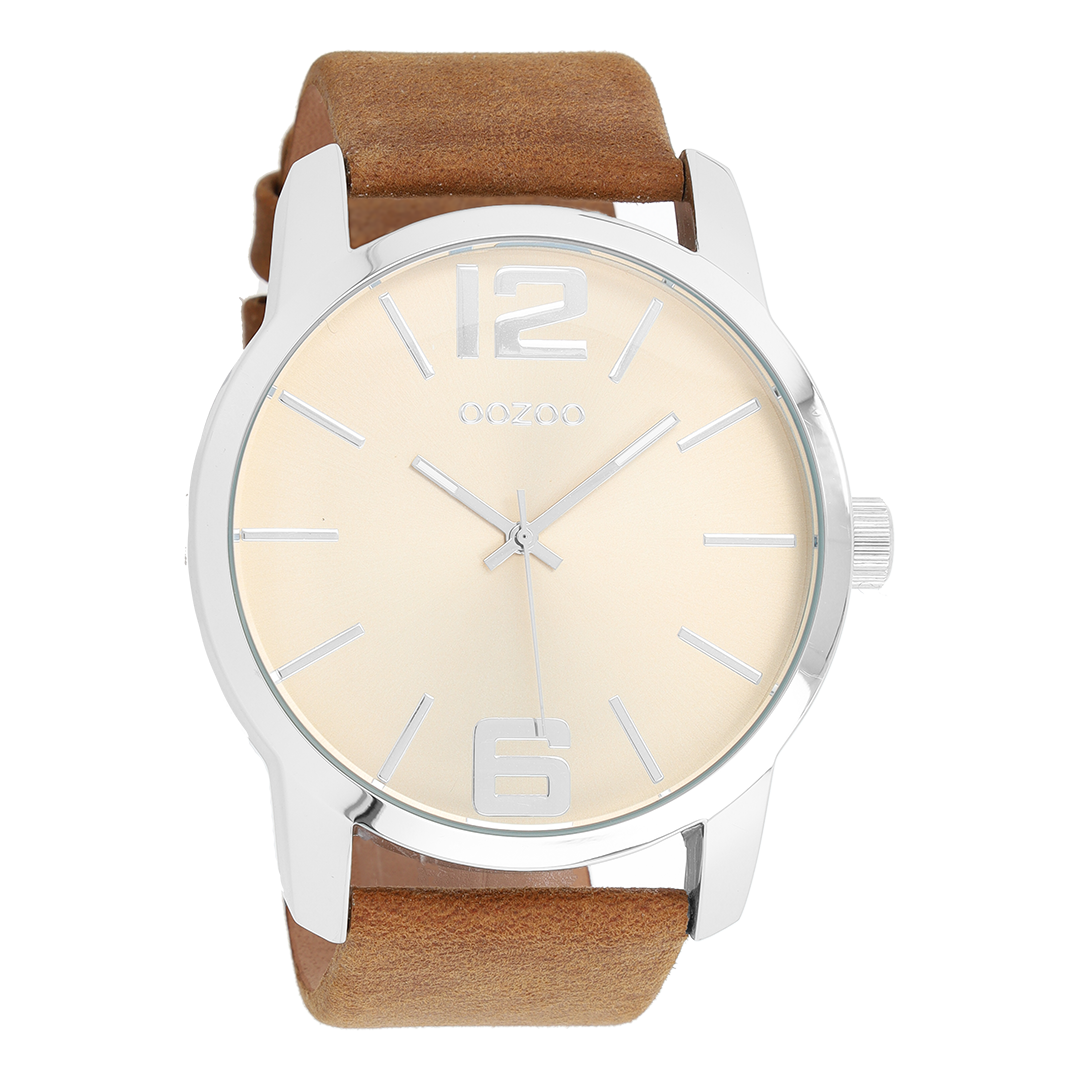 Silver coloured OOZOO watch with brown leather strap - C6701