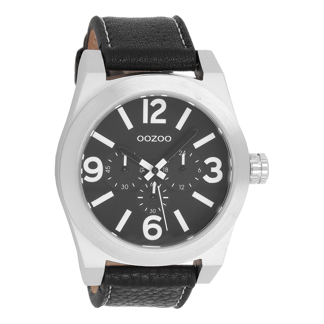Silver coloured OOZOO watch with black leather strap - C6734
