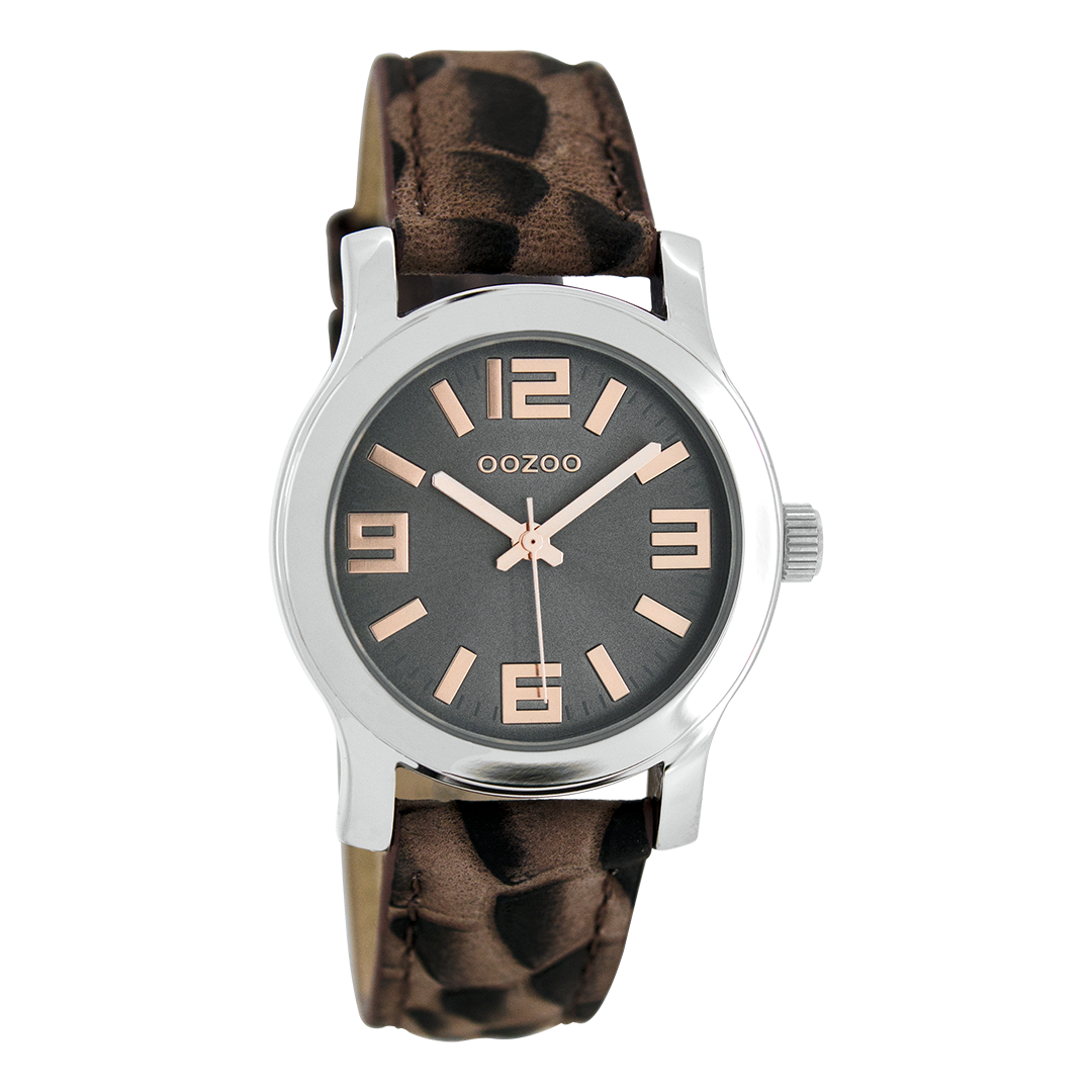 Silver coloured OOZOO watch with brown leather strap - C7129