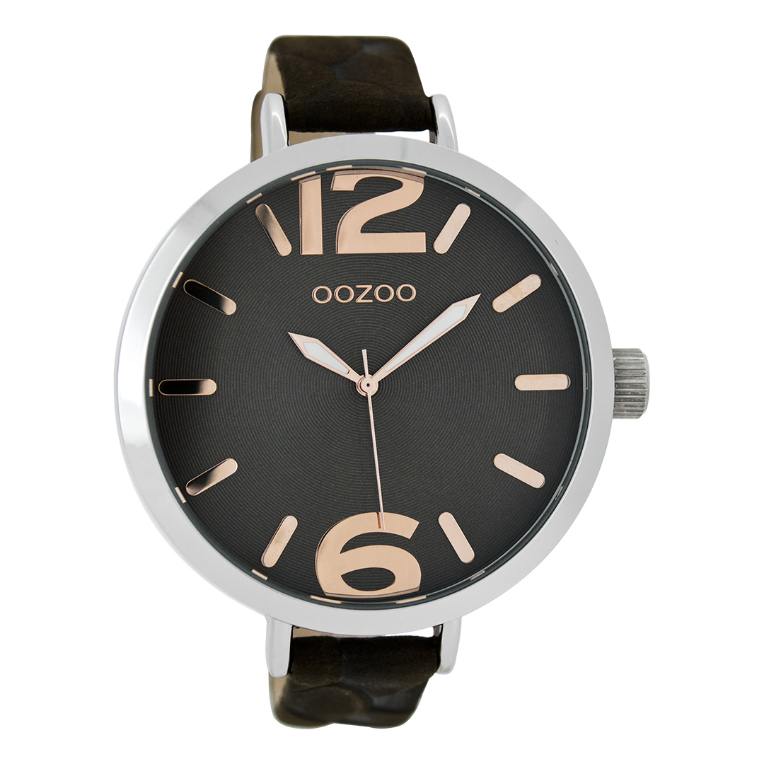 Silver coloured OOZOO watch with dark brown leather strap - C7513