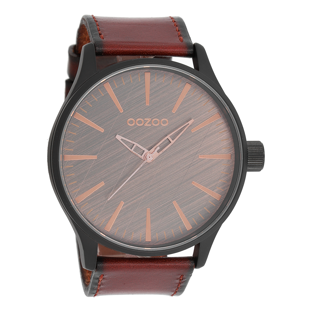 Black OOZOO watch with red brown leather strap - C7862