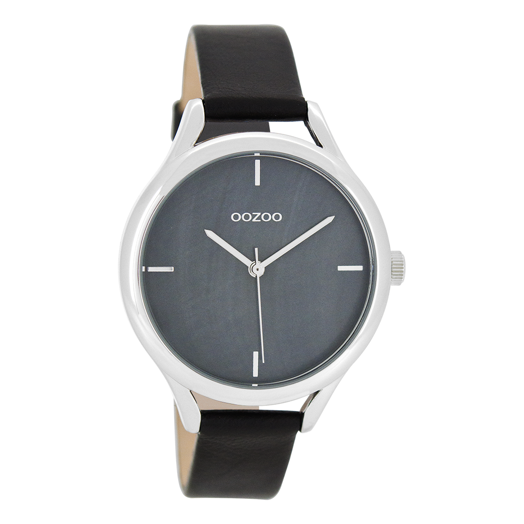 Silver coloured OOZOO watch with black leather strap - C8349