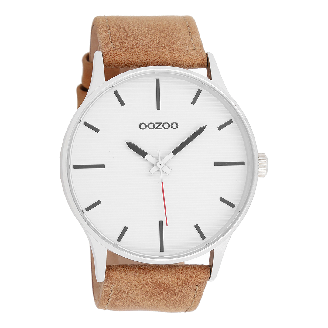 Silver coloured OOZOO watch with brown leather strap - C8550