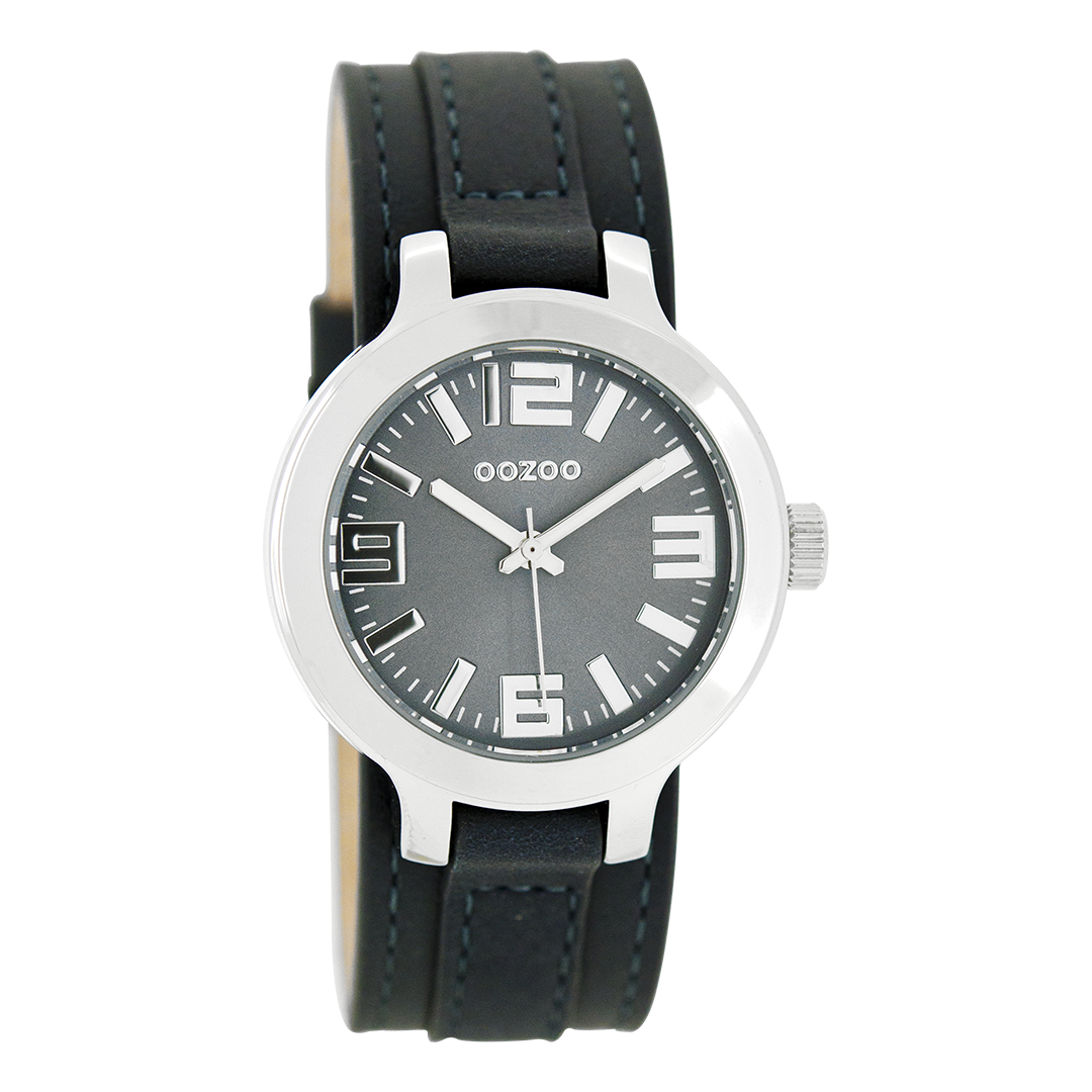 Silver coloured OOZOO watch with dark blue leather strap - C8707