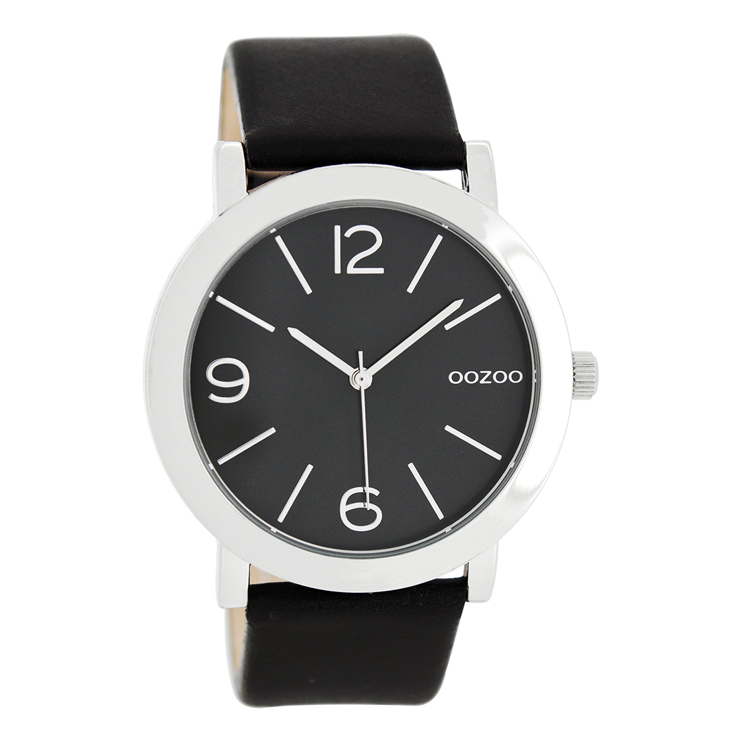 Silver coloured OOZOO watch with black leather strap - C8714