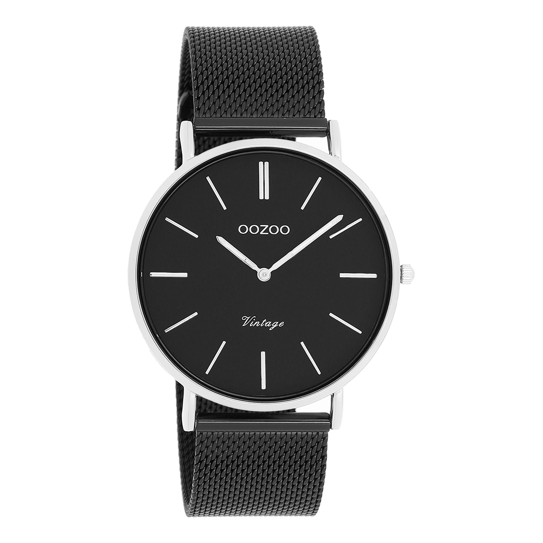Silver coloured OOZOO watch with black metal mesh bracelet - C8865