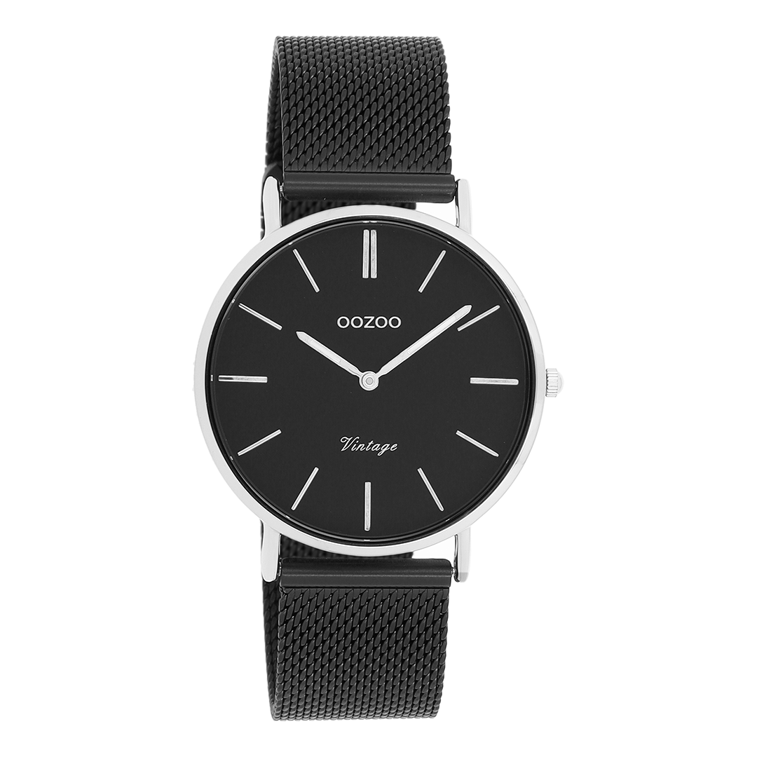 Silver coloured OOZOO watch with black metal mesh bracelet - C8866