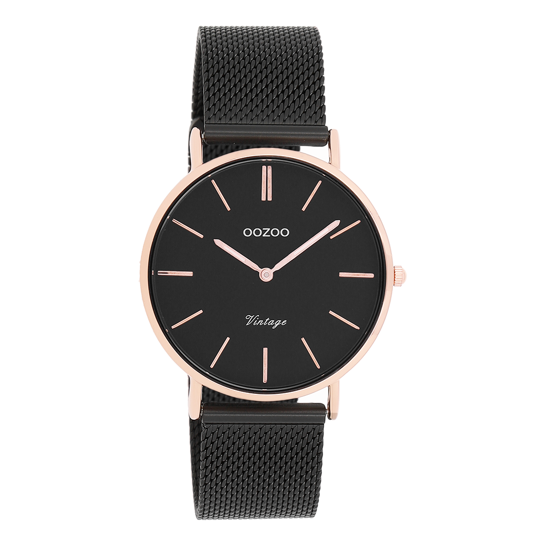 Rose gold coloured OOZOO watch with black metal mesh bracelet - C8870