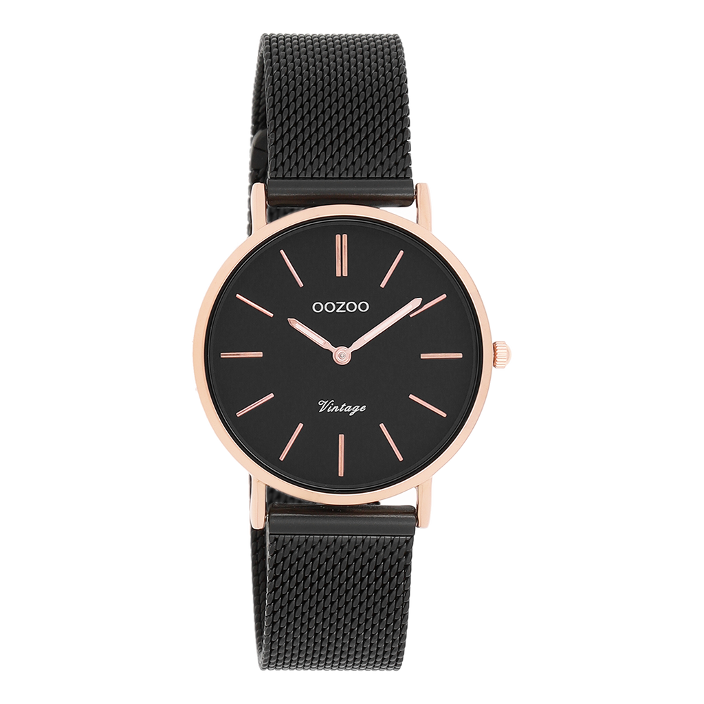 OOZOO Montre en couleur or rose avec bracelet en mesh en noir - C8871