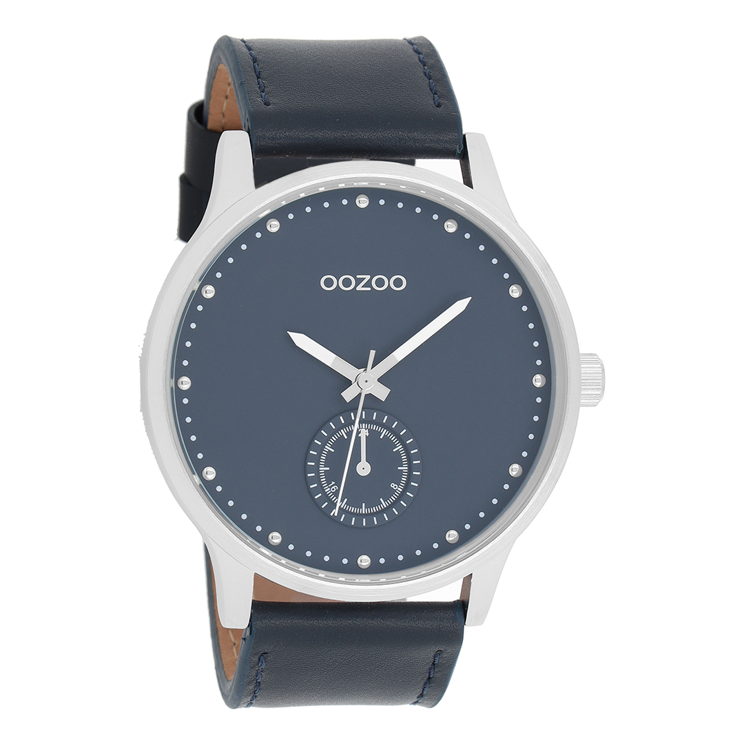 Silver coloured OOZOO watch with dark blue leather strap - C9008