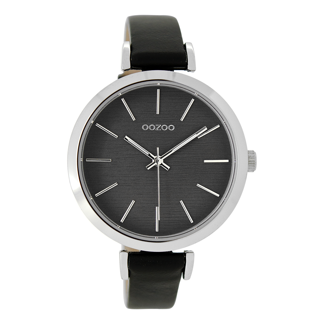 Silver coloured OOZOO watch with black leather strap - C9139