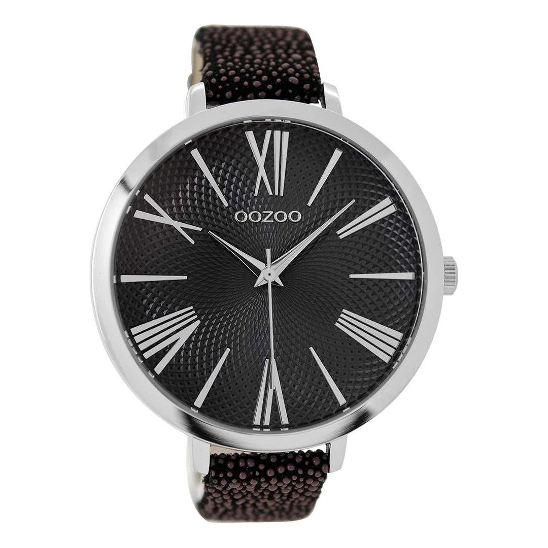 Silver coloured OOZOO watch with black leather strap - C9173