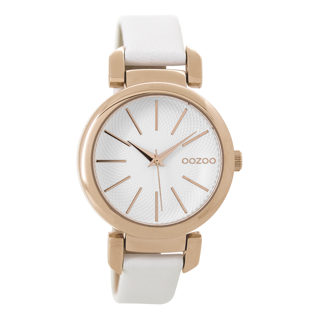 Rose gold coloured OOZOO watch with white leather strap - C9485
