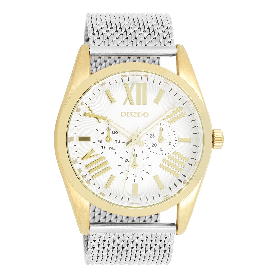 Gold coloured OOZOO watch with silver coloured metal mesh bracelet - C9641