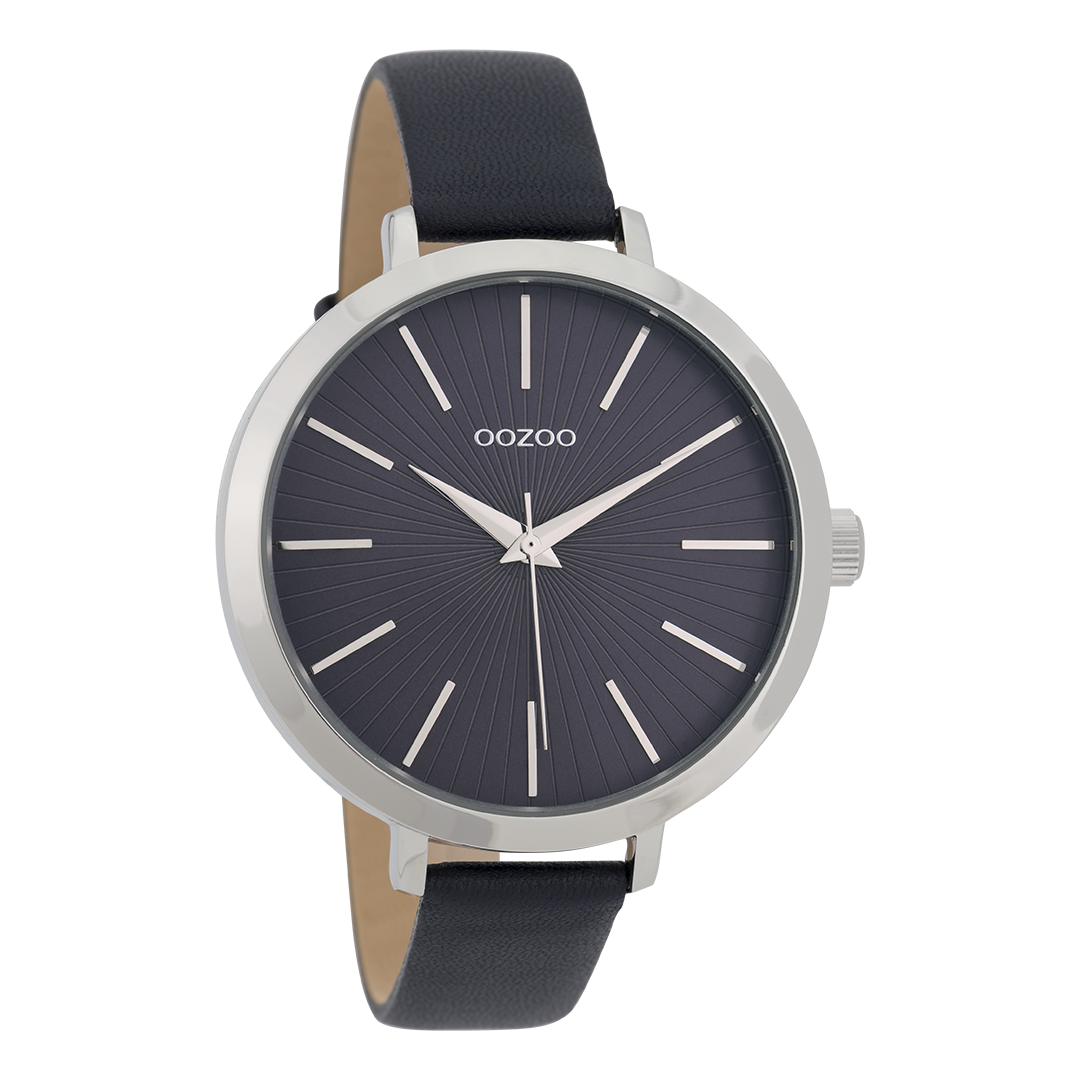 Silver coloured OOZOO watch with dark blue leather strap - C9671