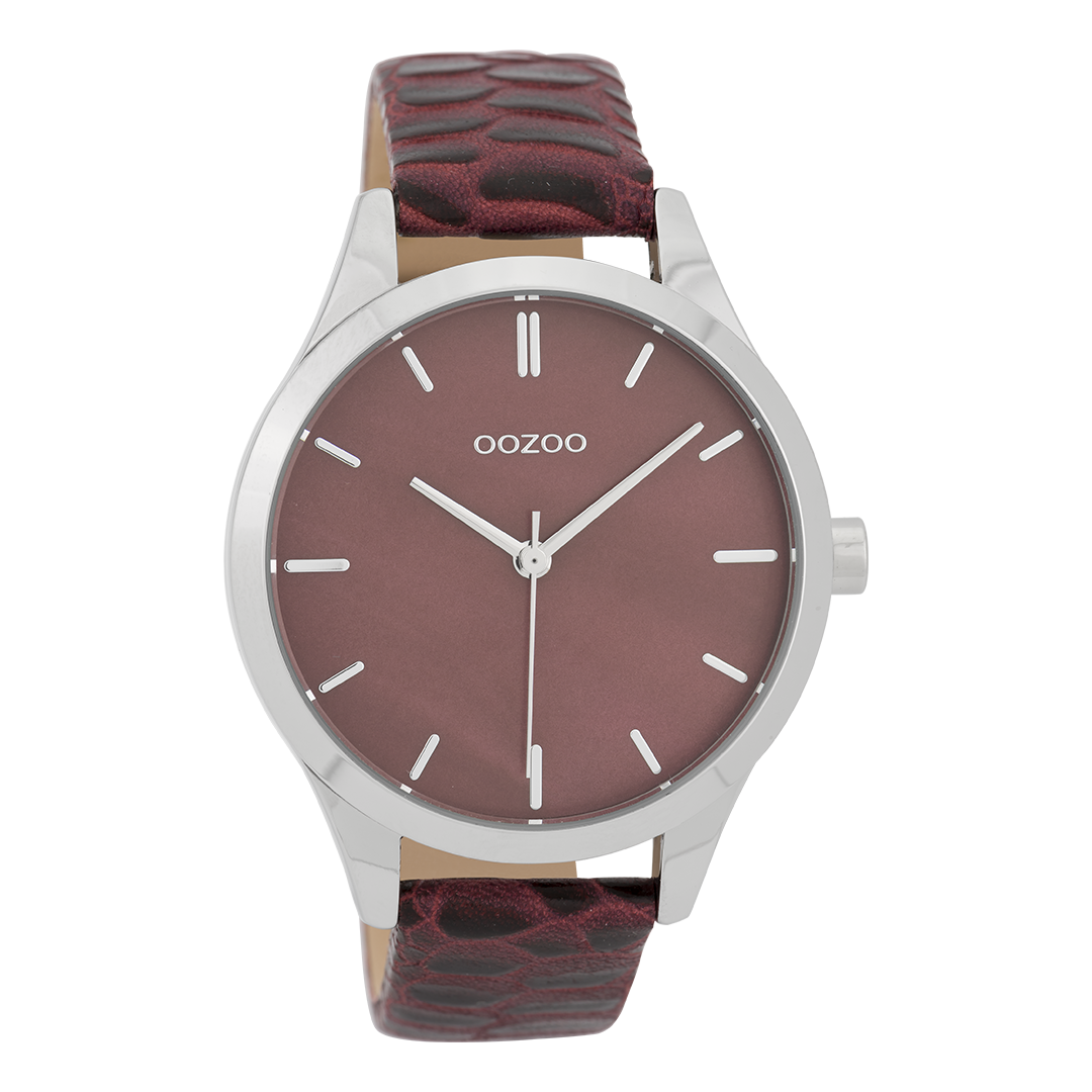 Silver coloured OOZOO watch with burgundy leather strap - C9722