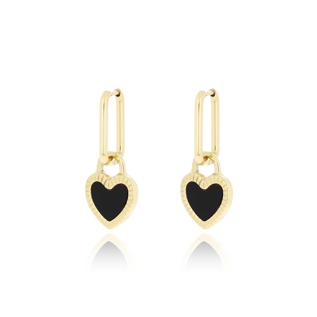 Gold coloured earrings with black & white heart charm