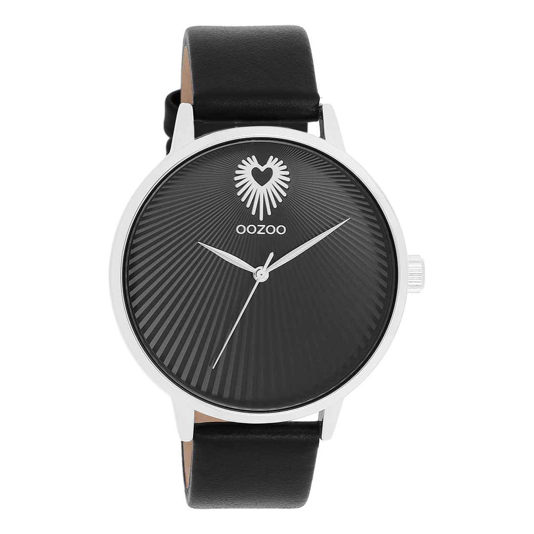 Silver coloured OOZOO watch with black leather strap - C11241