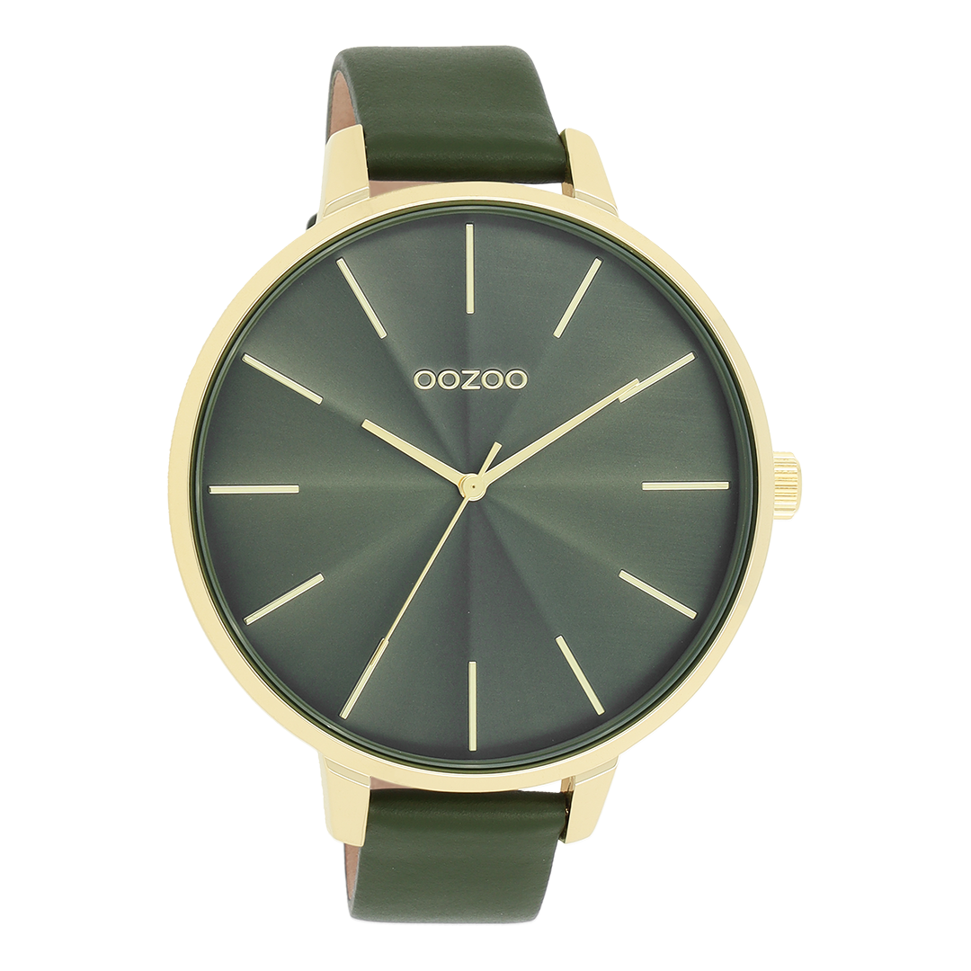 Gold coloured OOZOO watch with forest green leather strap - C11257
