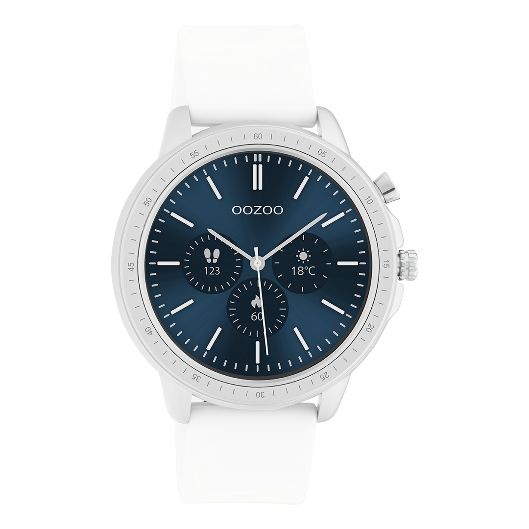 Silver coloured OOZOO smartwatch with white rubber strap Q00310